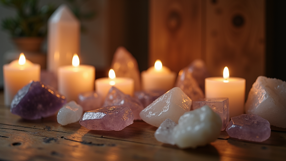 Eye-level view of a collection of crystals and candles on a wooden altar