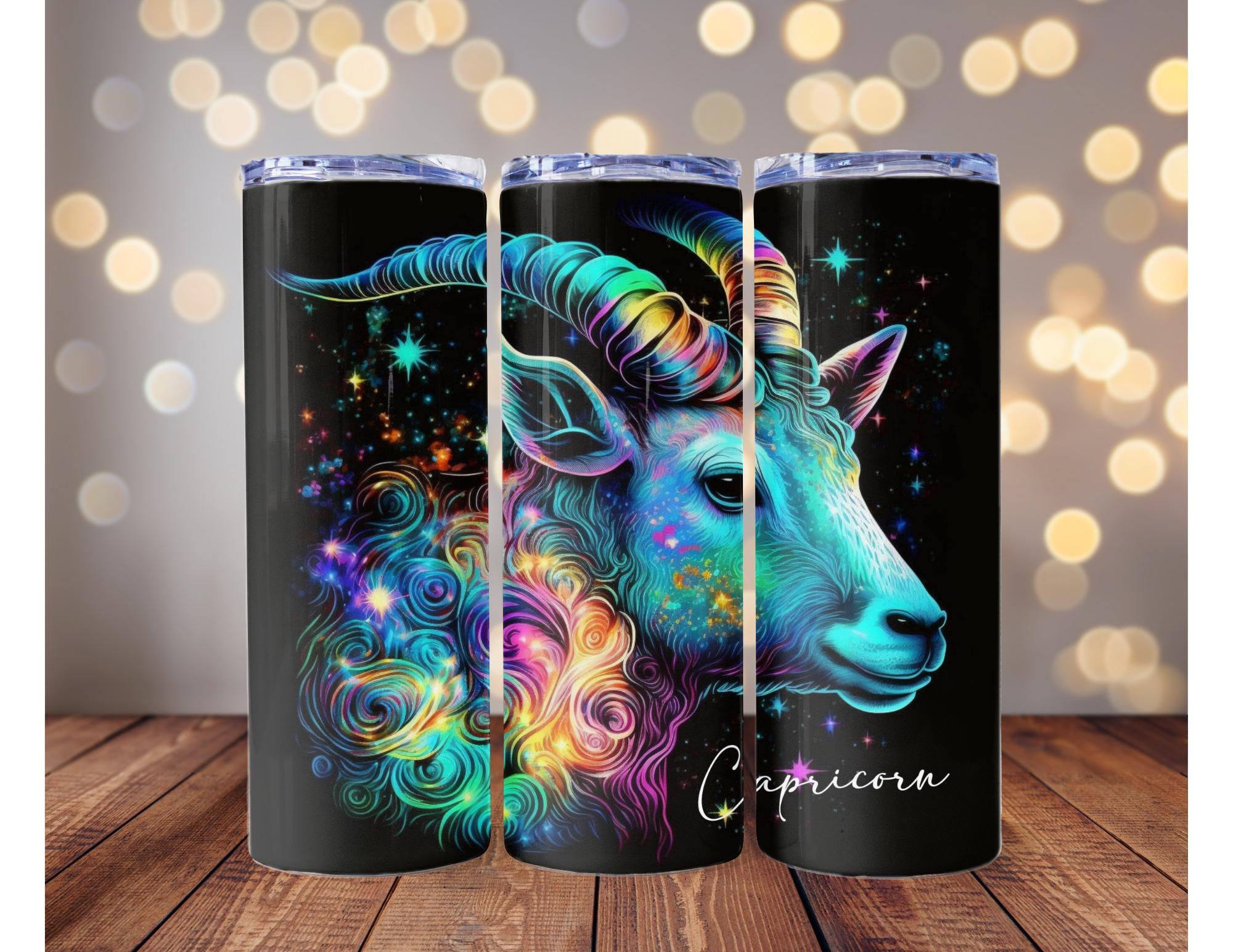 Capricorn zodiac. 20 oz printed tumbler with stainless steel straw. Silicone tip
