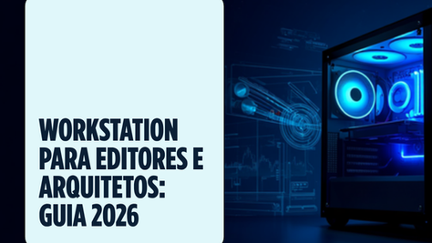 Workstation gamer de alto desempenho com iluminação ciano, ilustrando o guia de configuração para editores de vídeo e arquitetos da MW Gamer Lab