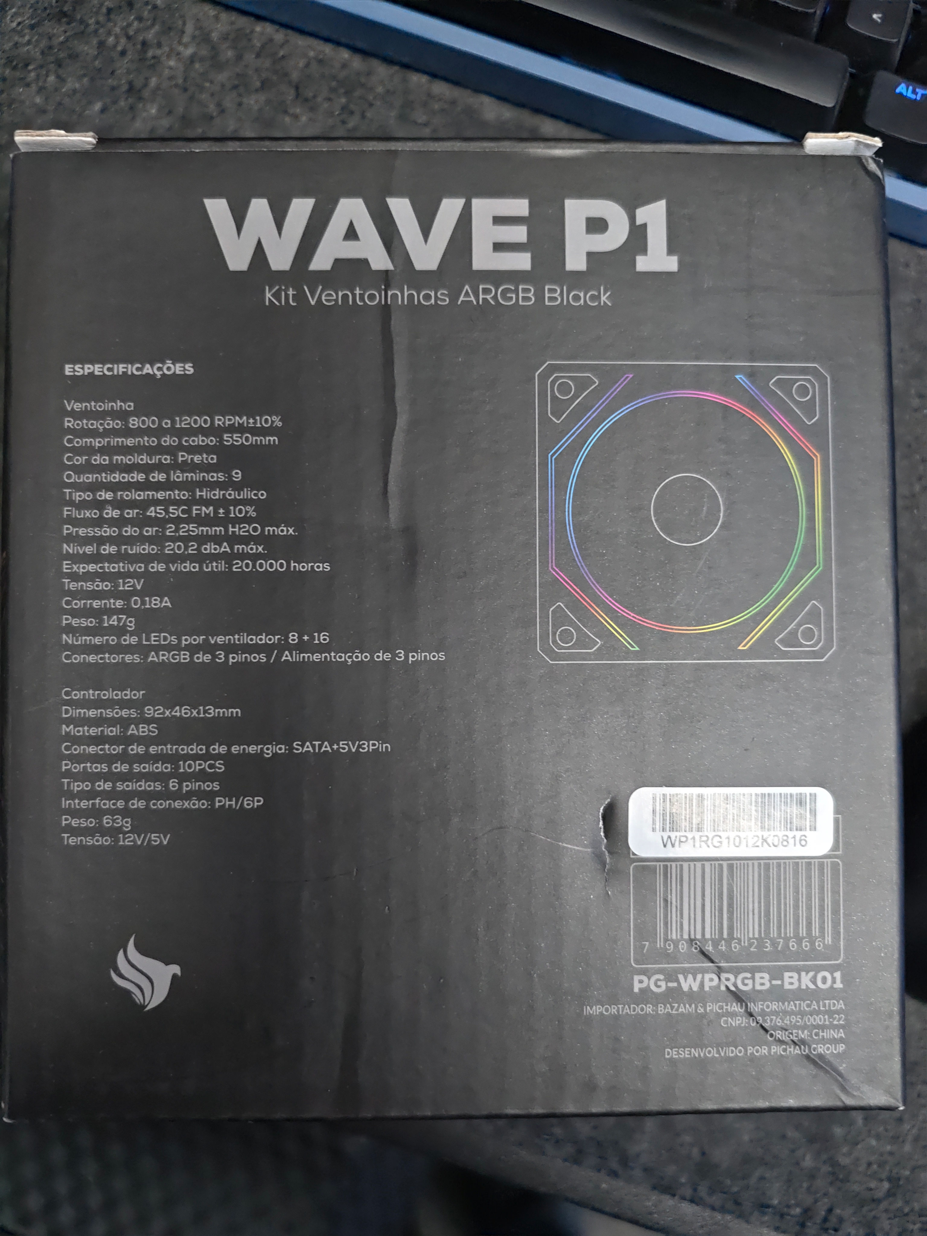 Kit Ventoinhas Pichau Wave P1 ARGB 3x120mm Preto + Controladora