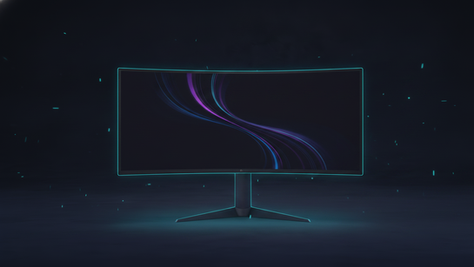Monitor gamer curvo com iluminação ciano, ilustrando a escolha entre taxa de atualização, resolução e tipo de painel