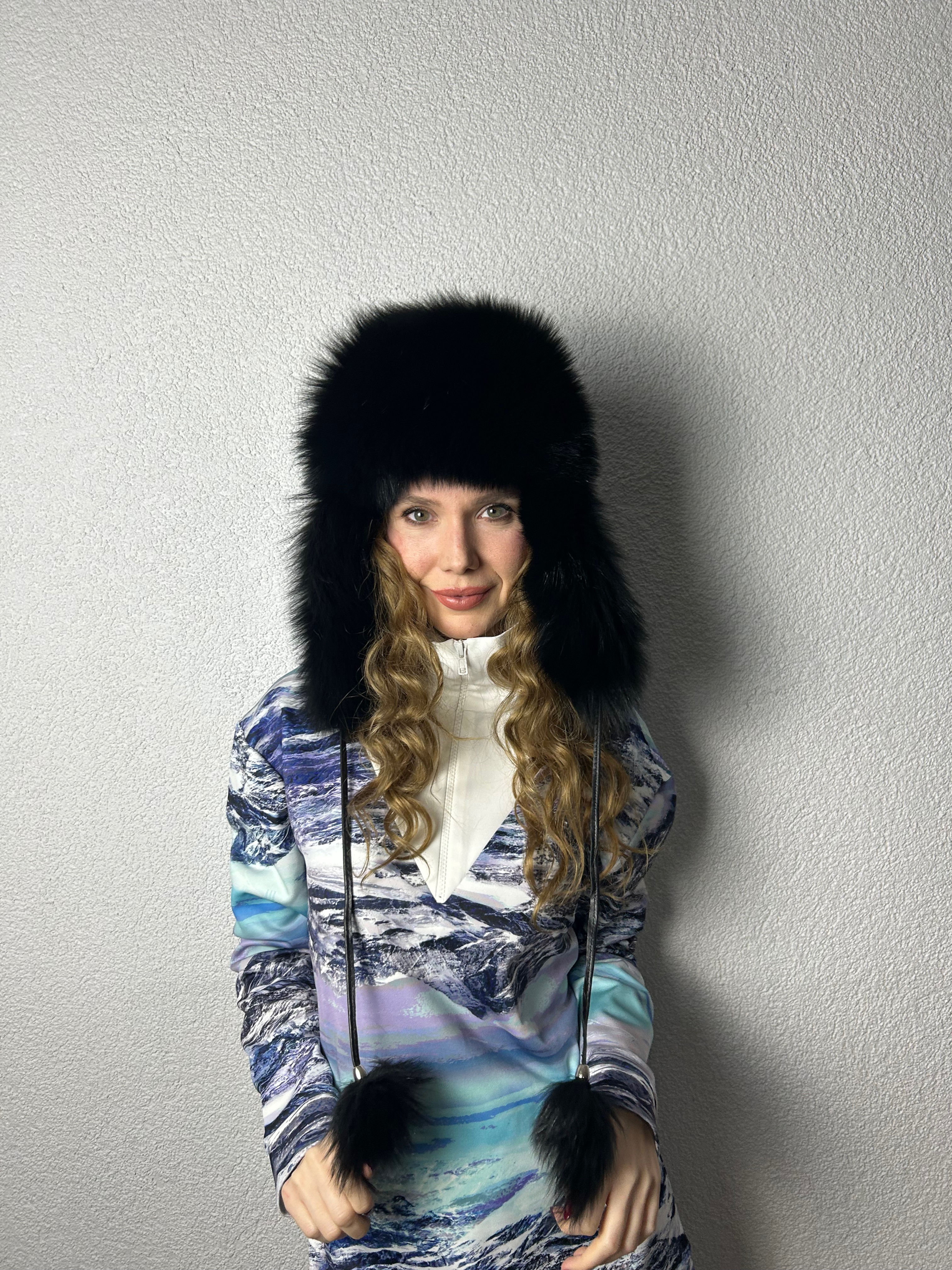 siyah kurk kürk deri ushanka pilot sapka black fox tilki leather fur hat fashion winter outfit luxury snow