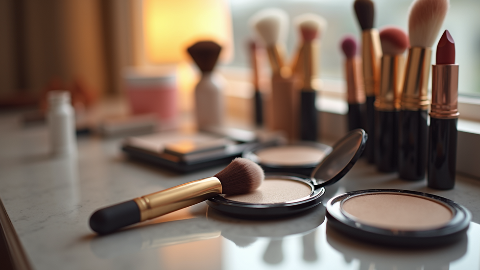 Close-up view of makeup brushes and cosmetics on a vanity table