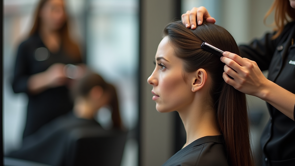 Eye-level view of stylist applying keratin treatment to hair in salon