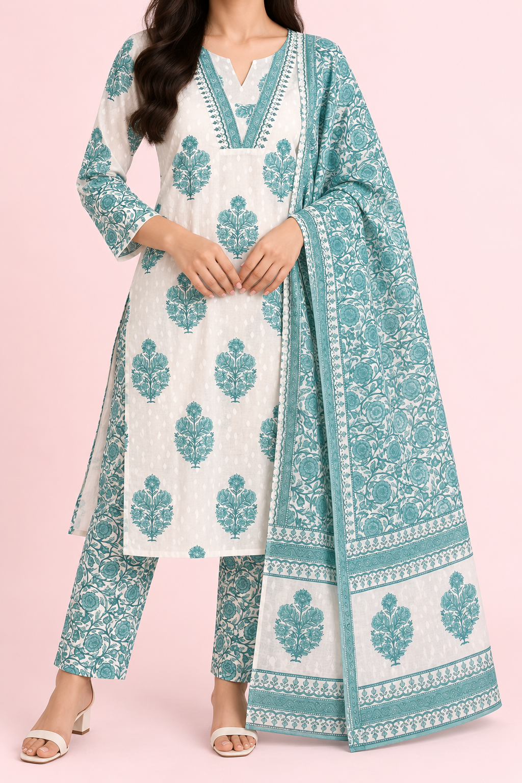 White & Teal Floral Printed Kurta Pant with Dupatta Set