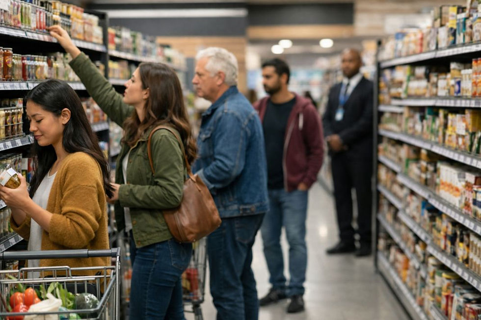 An illustrative image of a security officer standing unobtrusively at the end of a shopping aisle