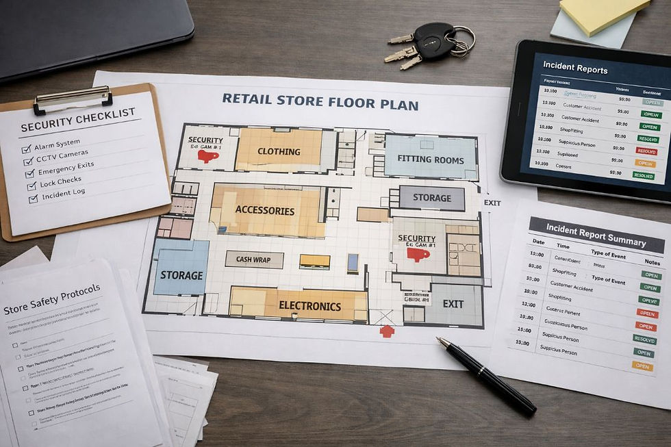 An illustrative image of a retail store floor plan spread out on a modern office desk, surrounded by documents