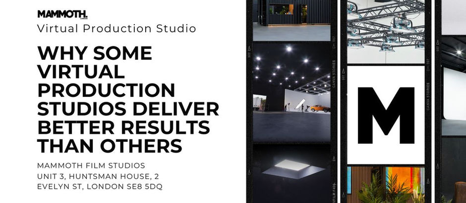 Mammoth Virtual Production Studio ad with multiple images of studio interiors and equipment. Bold text discusses studio effectiveness. Address included.