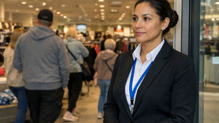 An illustrative image of a new security officer standing inside a store entrance to the side, observing shoppers inside the store