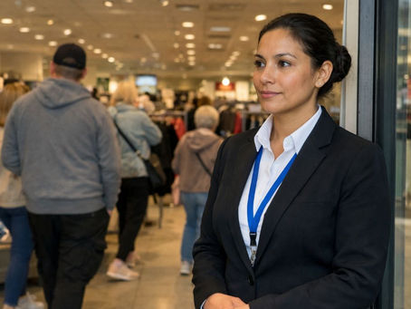 An illustrative image of a new security officer standing inside a store entrance to the side, observing shoppers inside the store