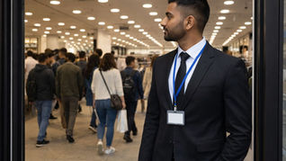 An illustrative image of a security officer standing at a retail store entrance in London