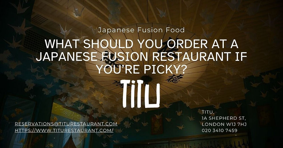 Hanging origami cranes, text: "What should you order at a Japanese fusion restaurant if you're picky?" TIIU info and contact at bottom. Mood: inviting.