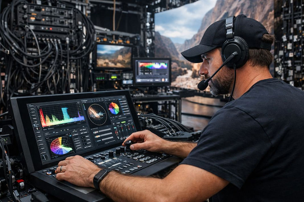 An illustrative image of a specialist technician calibrating LED panels in a studio, adjusting settings on a control panel