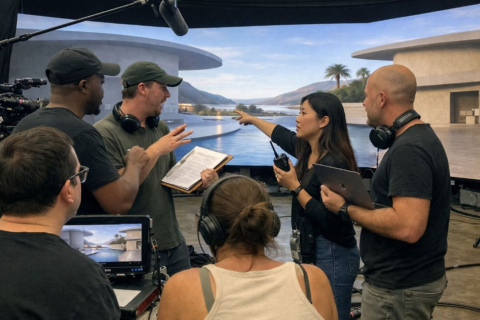 An illustrative image of a team of producers and technical crew reviewing a digital environment on large LED panels