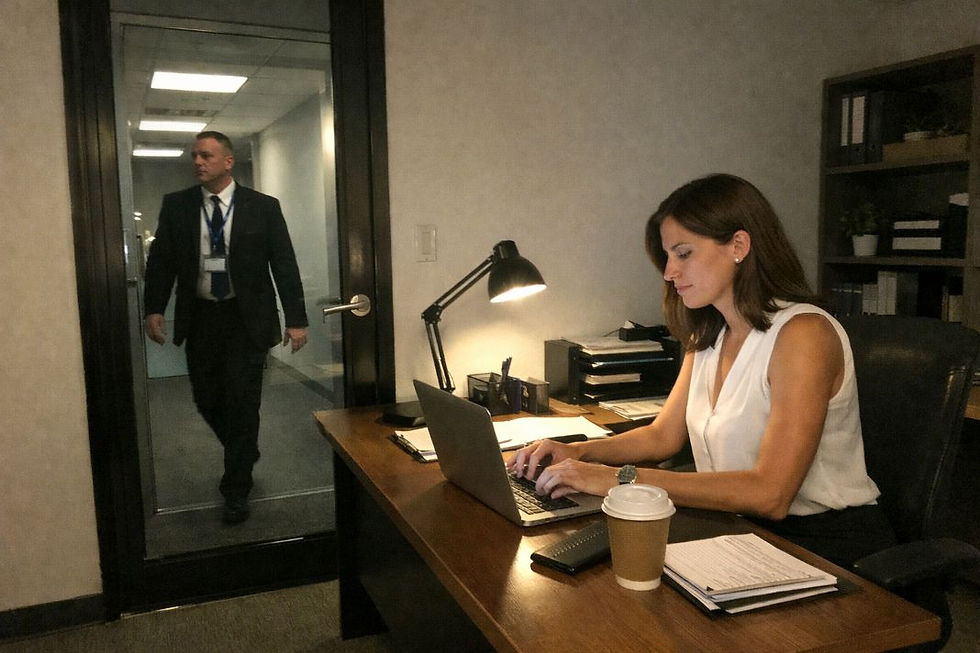 An illustrative image of a security guard patrolling while office staff are working late