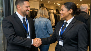 An illustrative image of two security officers greeting each other at the entrance of a clothing store, showing professionalism and teamwork