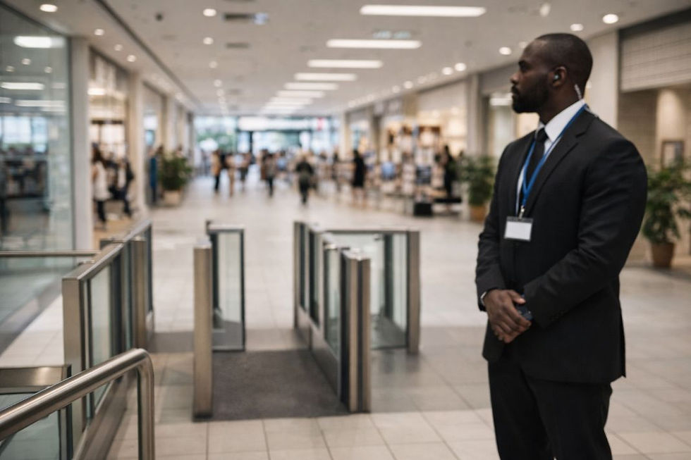 An illustrative image of a security officer watching multiple exits from a strategic location inside a large retail store