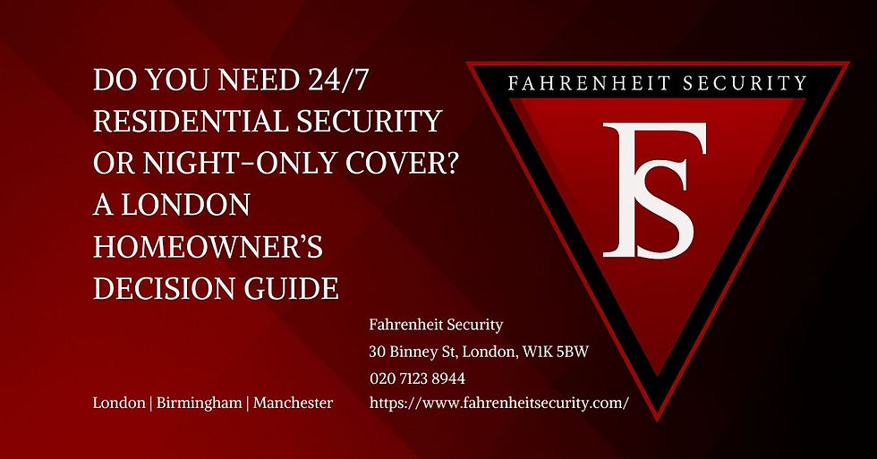 Red background with white text promotes 24/7 home security in London by Fahrenheit Security. Includes contact details and service areas.