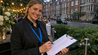 An illustrative image of a security officer checking a guest list at the entrance to an elegant private outdoor summer event,