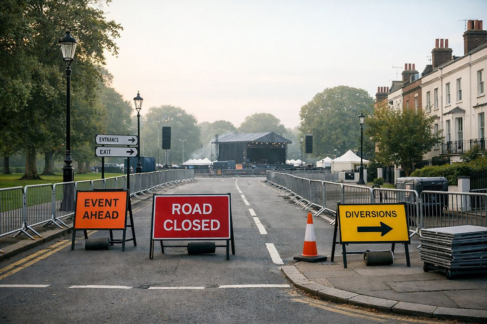 Road closed with signs for event ahead and diversions. Barriers line the street leading to a stage. Trees and houses in the background.