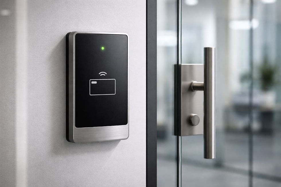 An illustrative image of a key card access control system installed beside a glass office entrance