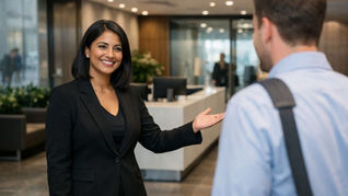 Businesswoman in a black suit smiles and gestures to a man in a blue shirt with a bag. They're in a modern lobby with plants and a desk.