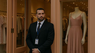 Security guard in a suit stands at a boutique entrance next to a mannequin in a peach dress. Interior shows soft lighting and hanging clothes.