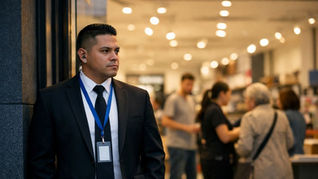 An illustrative image of a security guard standing near a shop entrance towards end of day