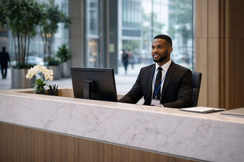 Smiling receptionist in a suit at a marble desk, with a computer and flowers, in a modern office lobby with large windows and plants.