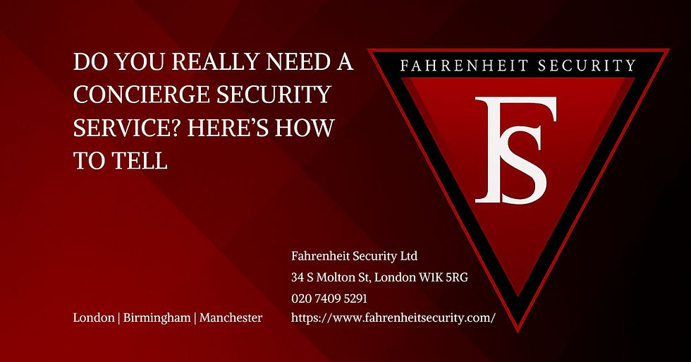 Red background with text: "Do you need a concierge security service?" Logo with "FS". Contact details for Fahrenheit Security Ltd in white.