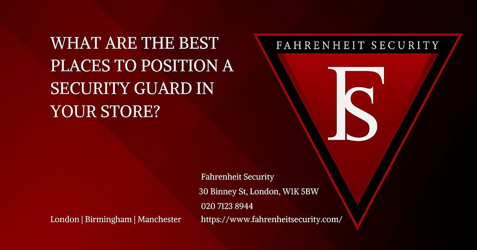Red background with white text: "WHAT ARE THE BEST PLACES TO POSITION A SECURITY GUARD IN YOUR STORE?" Logo reads "Fahrenheit Security."