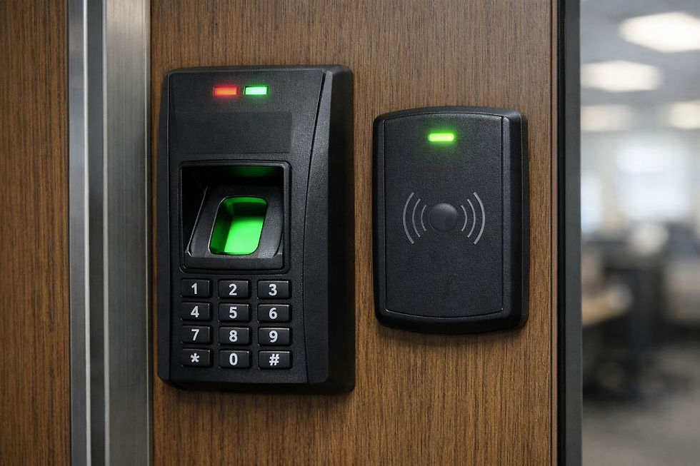 An illustrative image of a close-up view of a biometric fingerprint scanner and an electronic fob reader mounted on an office door