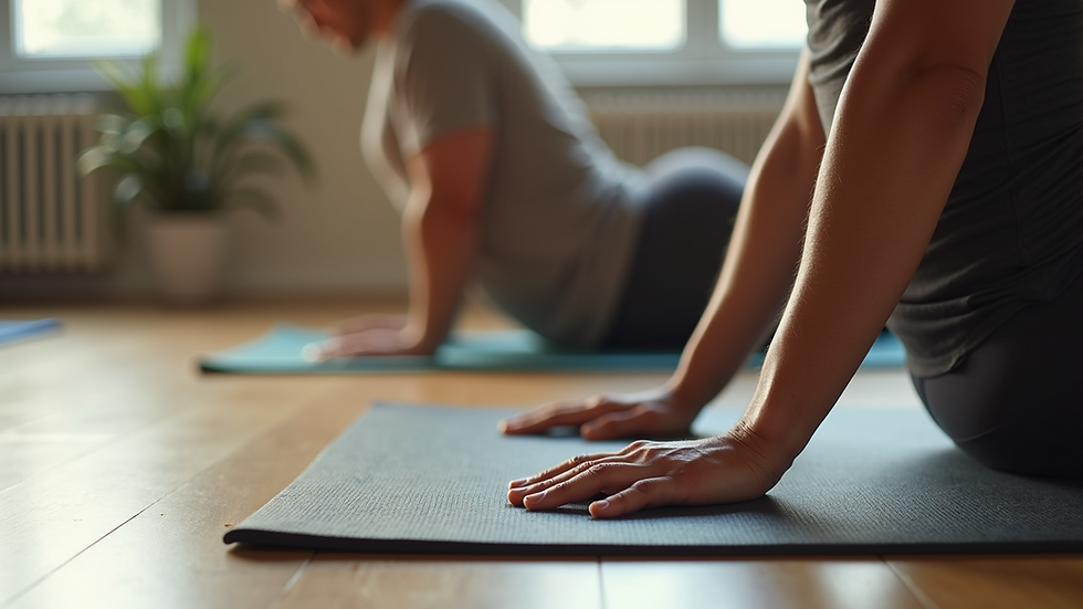 Close-up view of an athlete stretching on a yoga mat