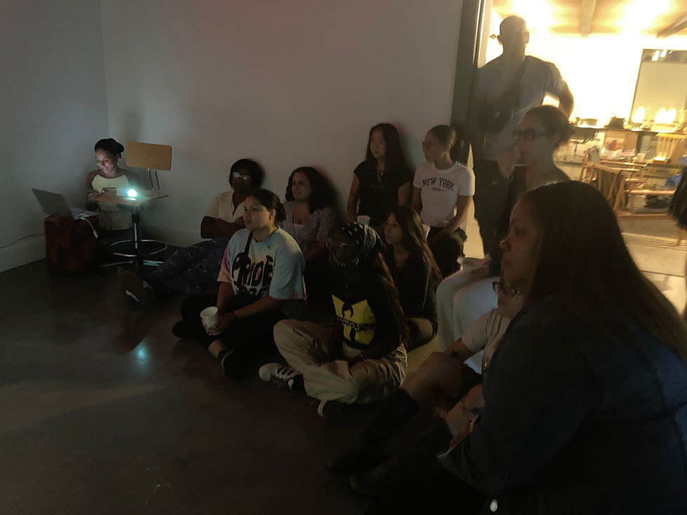 Jules projects her powerpoint in the darkened gallery at 180 Franklin Ave.