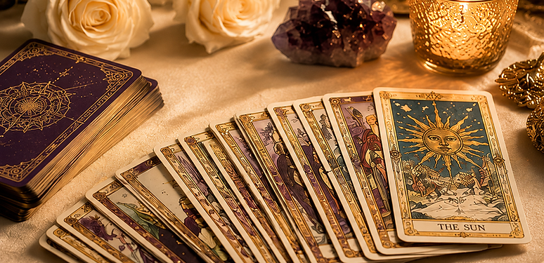 Tarot cards with crystals and candlelight for a tarot card reading