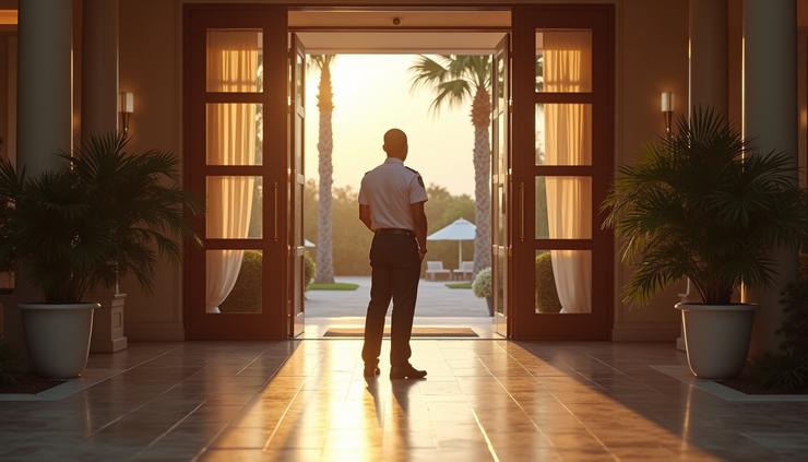 Eye-level view of a security guard standing at the entrance of a private event venue in Florida