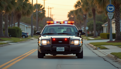 Eye-level view of a security patrol vehicle driving through a residential neighborhood in Jacksonville