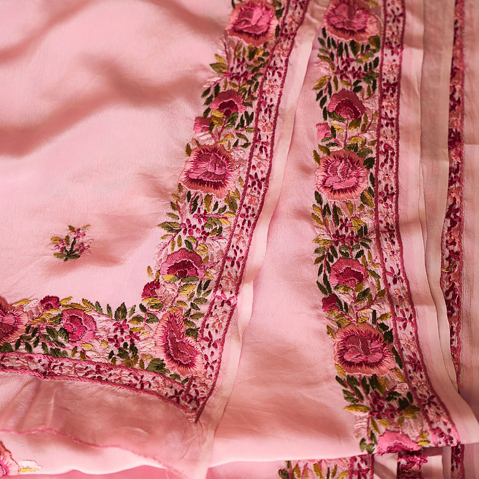Dusky rose/mauve pink Parsi saree with delicate floral embroidery on the border and pallu