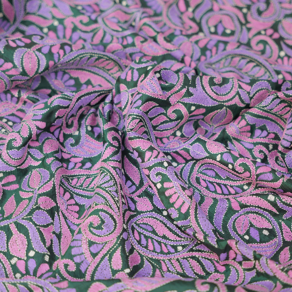 "Mamba and Voodoo Kantha work dupatta with intricate patterns, showcasing the beauty of traditional short-stitch embroidery.