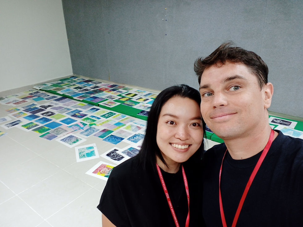 Jack Clayton and Xiu at Saigon South International School printmaking workshop, Ho Chi Minh City