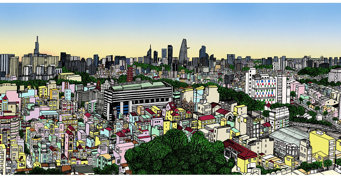 Hand drawn, digitally edited illustration of a skyline view of HCMC