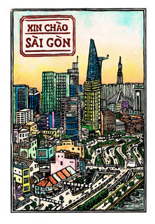 Vietnamese cityscape captured in a Jack Clayton woodcut print