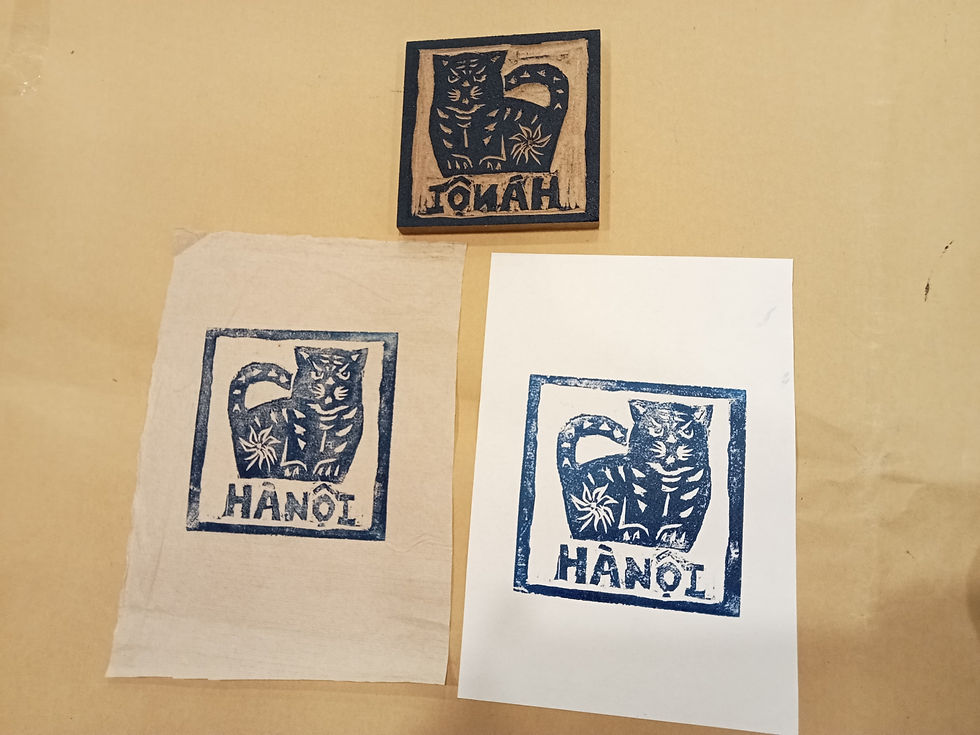 Finished woodcut prints from Em Hanoi workshop session, Jack Clayton Art, Hanoi Vietnam