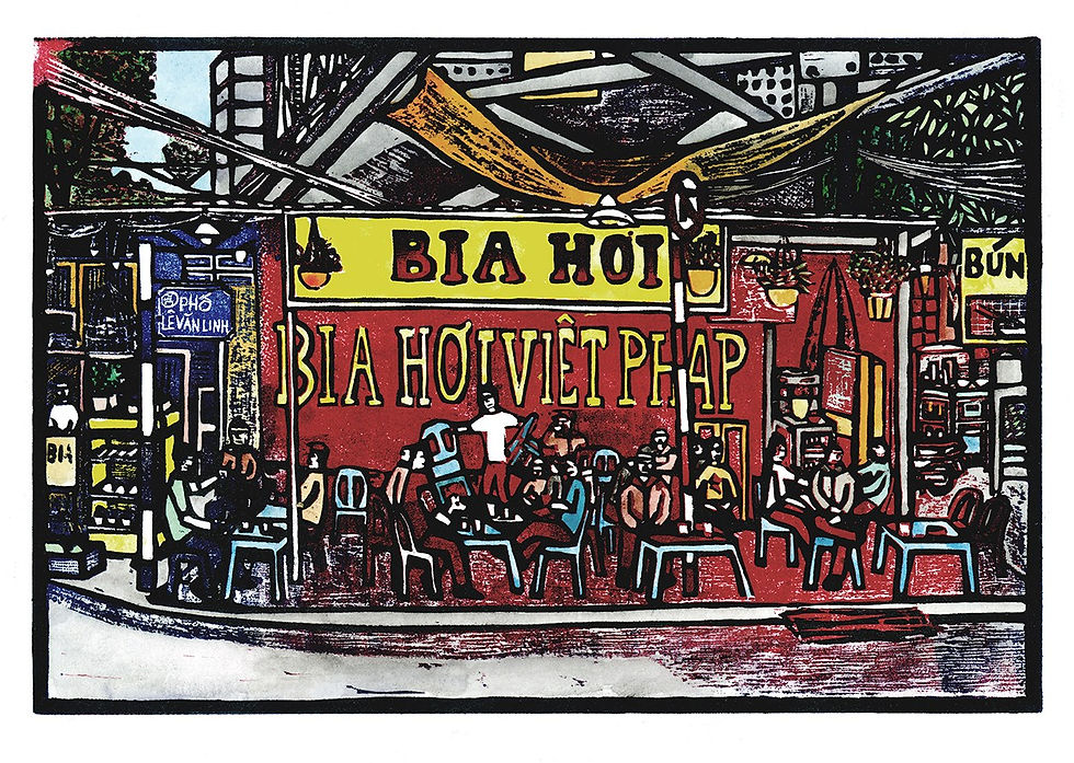 Hand-painted reduction woodcut print of Bia Hoi street scene, Hanoi — Oil and Water series