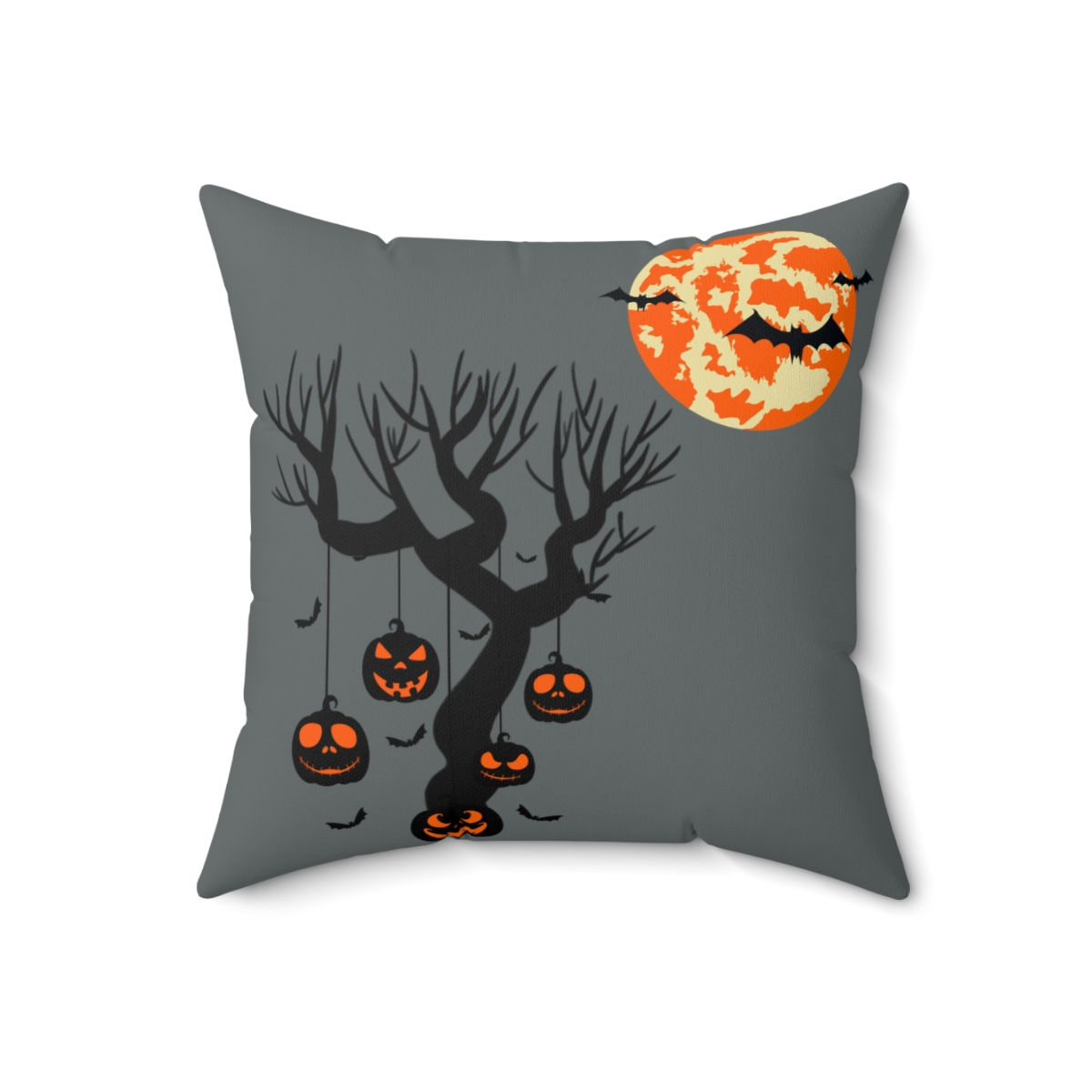 Ghostly Halloween Pillow featuring a ghoulish full moon with flying bats, perfect for spooky night decor.