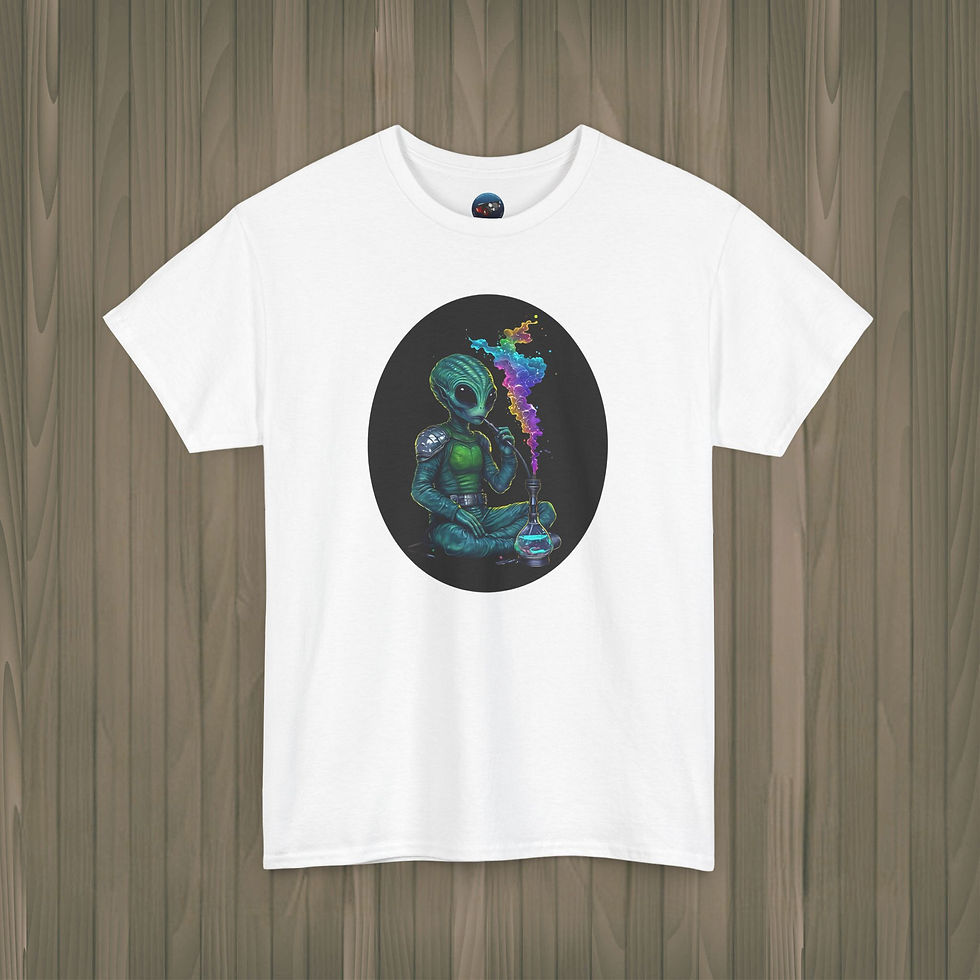 A white colored Alien smoking from a bong graphic T-shirt with trippy cosmic background – Healey Threads apparel.