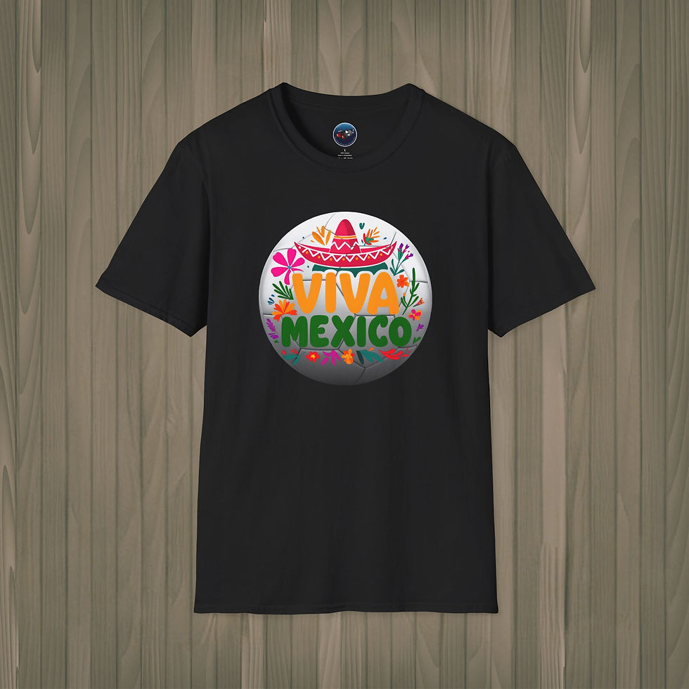 Graphic Mexican jersey soccer black T-shirt with Viva Mexico soccer ball, sombrero, and colorful floral design