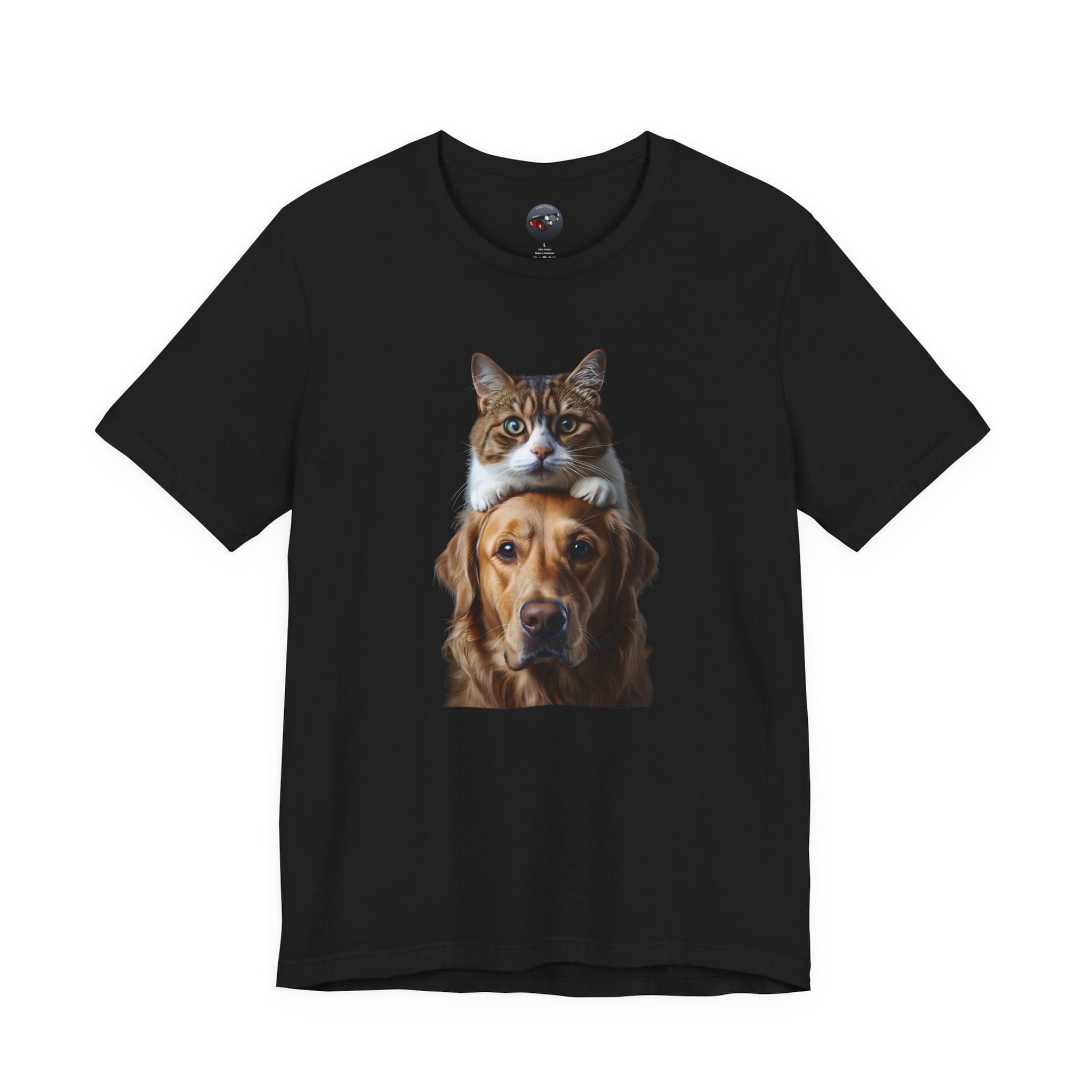 Golden Retriever and Cat Portrait black T-Shirt – Unlikely Friends Pet Lover Art Tee