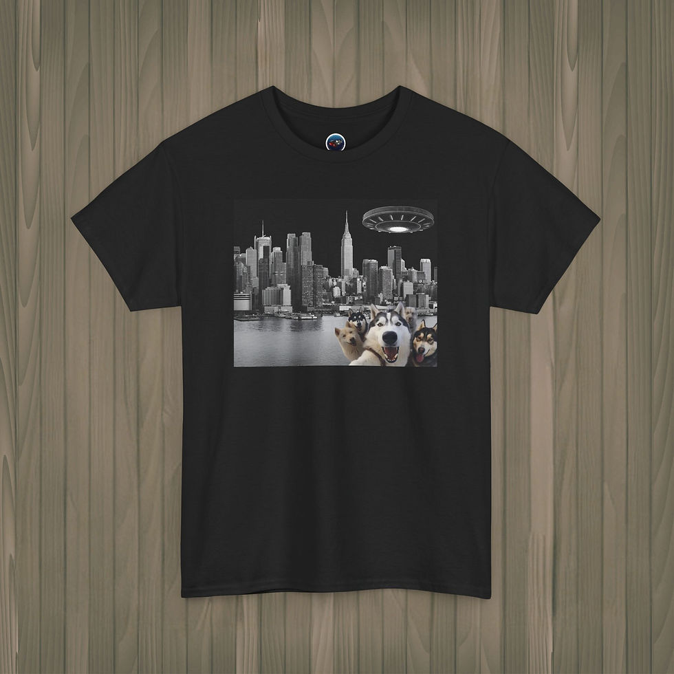Black Funny Husky UFO T-Shirt featuring city skyline with alien spaceship and husky dog graphic by Healey Threads