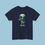 Thumbnail: Navy blue colored t-shirt featuring a square graphic of a small, pale-green alien holding a futuristic silver ray gun